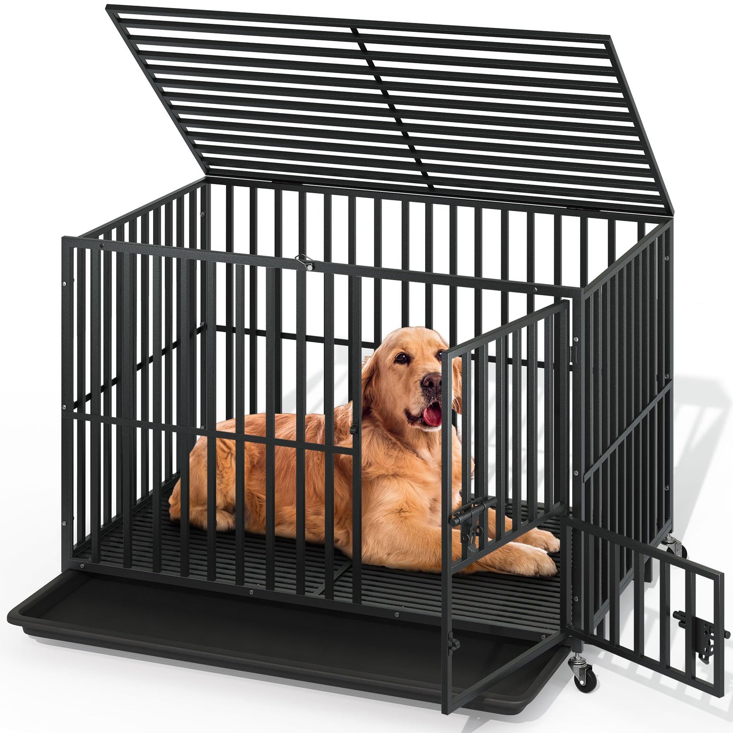Heavy-Duty Escape-Proof Dog Crate with Wheels and Three Doors