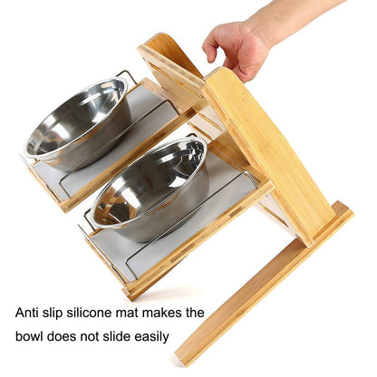 Adjustable Bamboo Elevated Dog Bowl Stand for Large Dogs