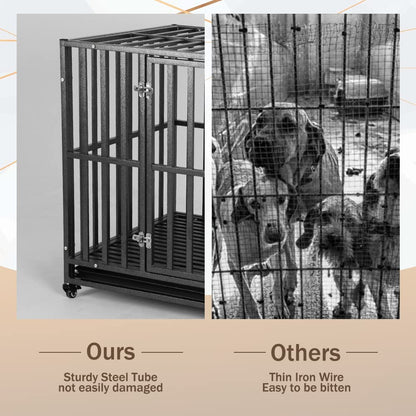 Heavy-Duty Metal Dog Crate with Lockable Wheels and Tray