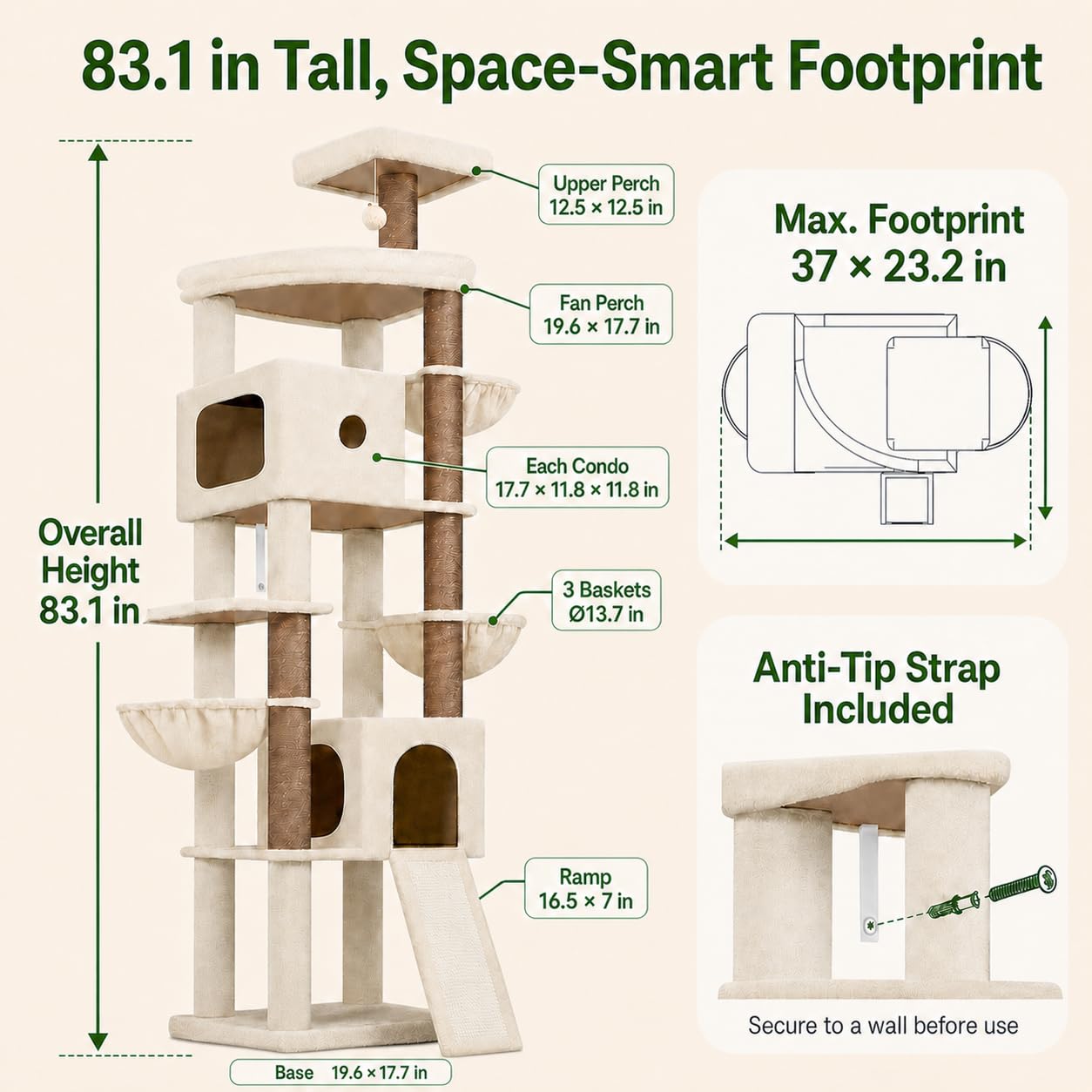 83-Inch Heavy-Duty Cat Tower with Multi-Level Condo & Perches