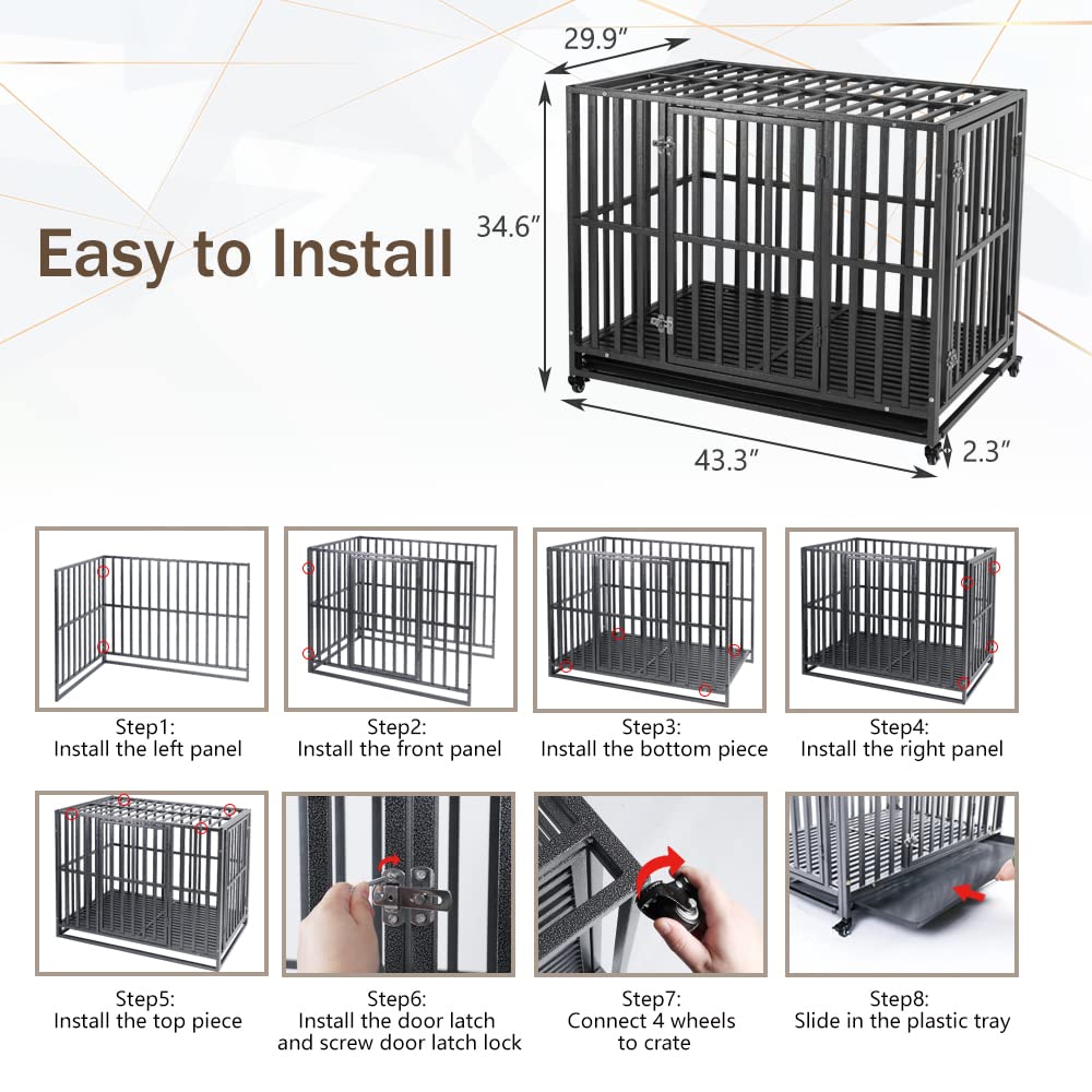 Heavy-Duty Metal Dog Crate with Lockable Wheels and Tray
