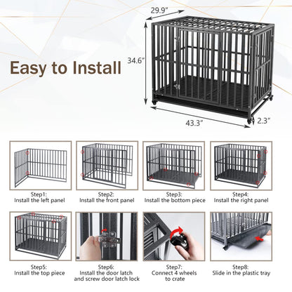 Heavy-Duty Metal Dog Crate with Lockable Wheels and Tray