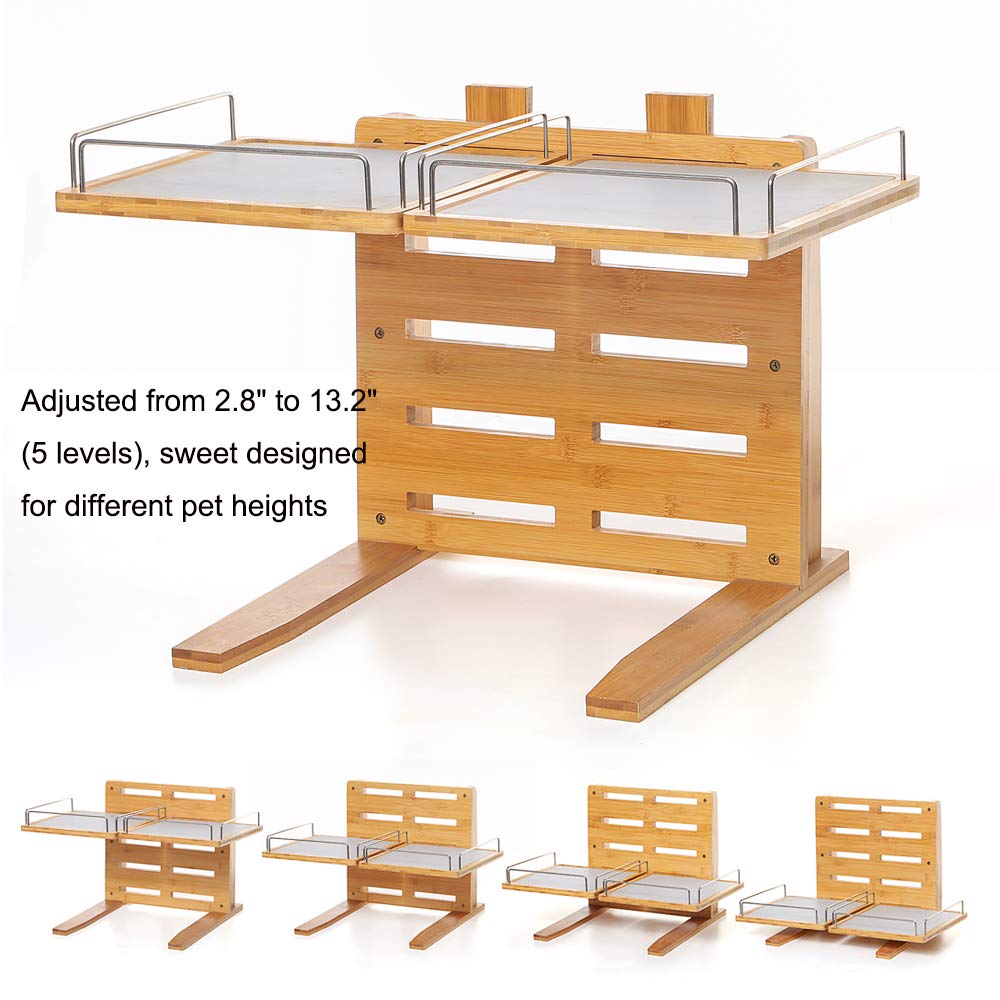 Adjustable Bamboo Elevated Dog Bowl Stand for Large Dogs