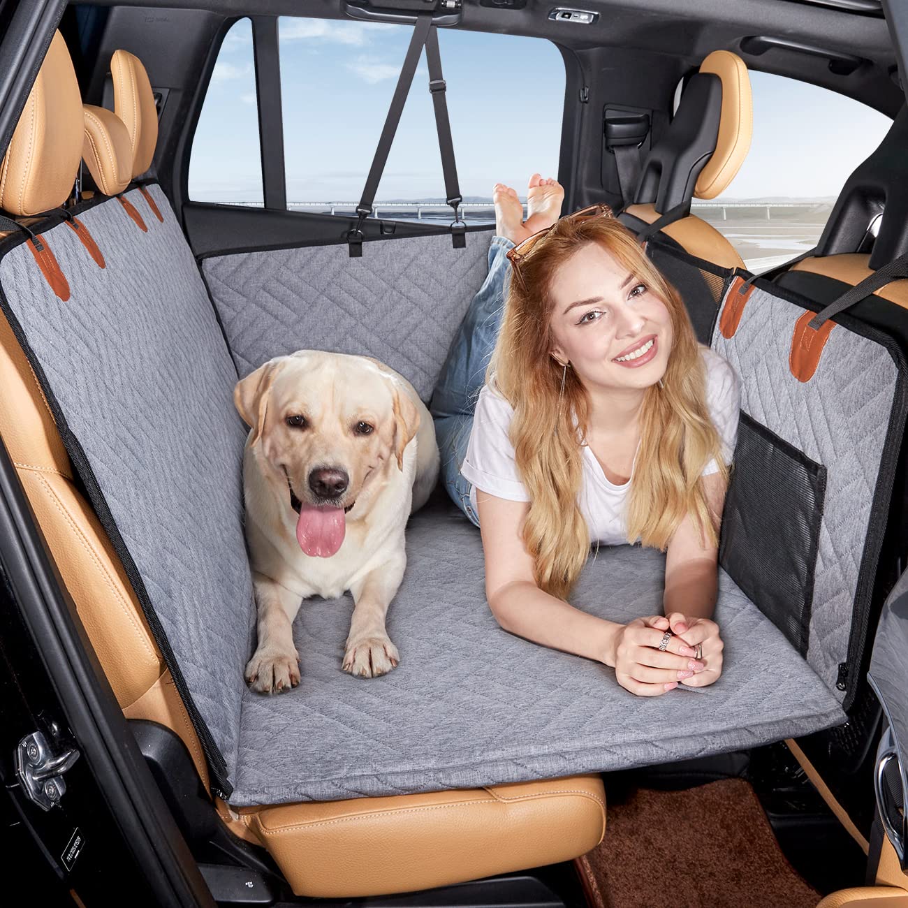 Hard-Bottom Dog Car Seat Cover with Back Seat Extender