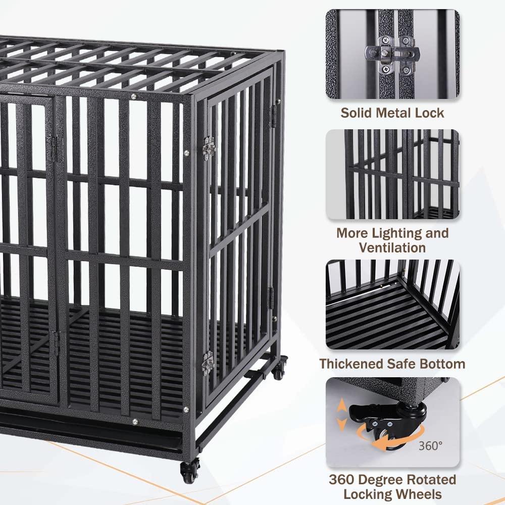 Heavy-Duty Metal Dog Crate with Lockable Wheels and Tray