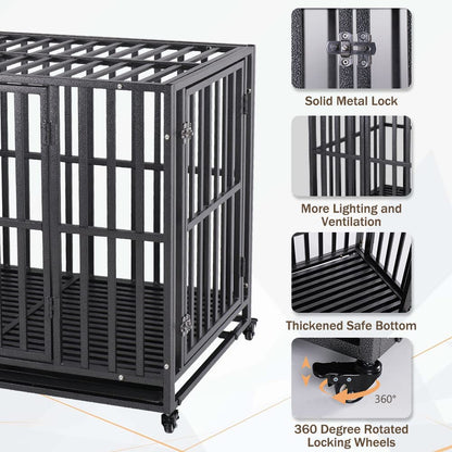 Heavy-Duty Metal Dog Crate with Lockable Wheels and Tray