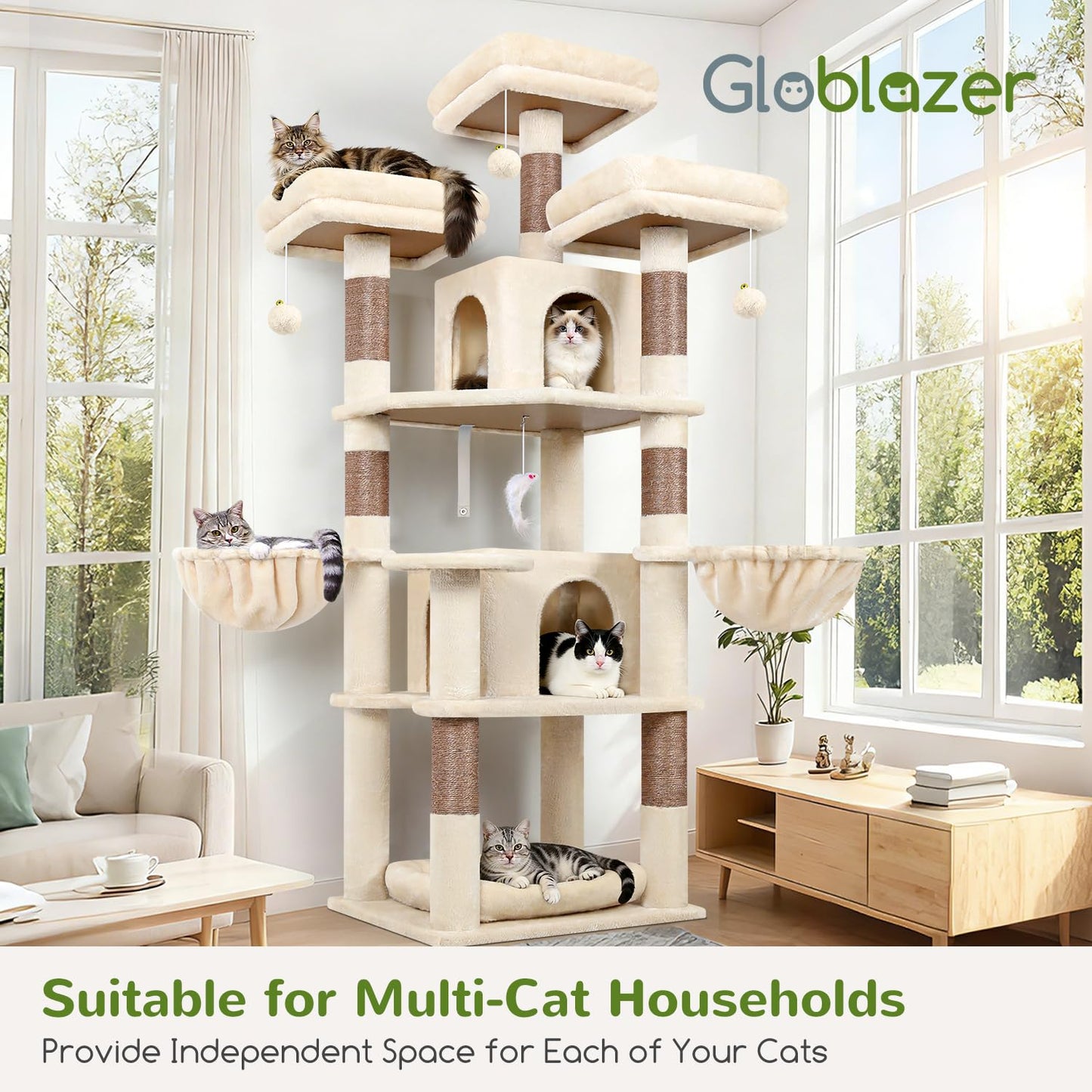 80-Inch XXL Cat Tower with Condos, Hammock & Multiple Perches