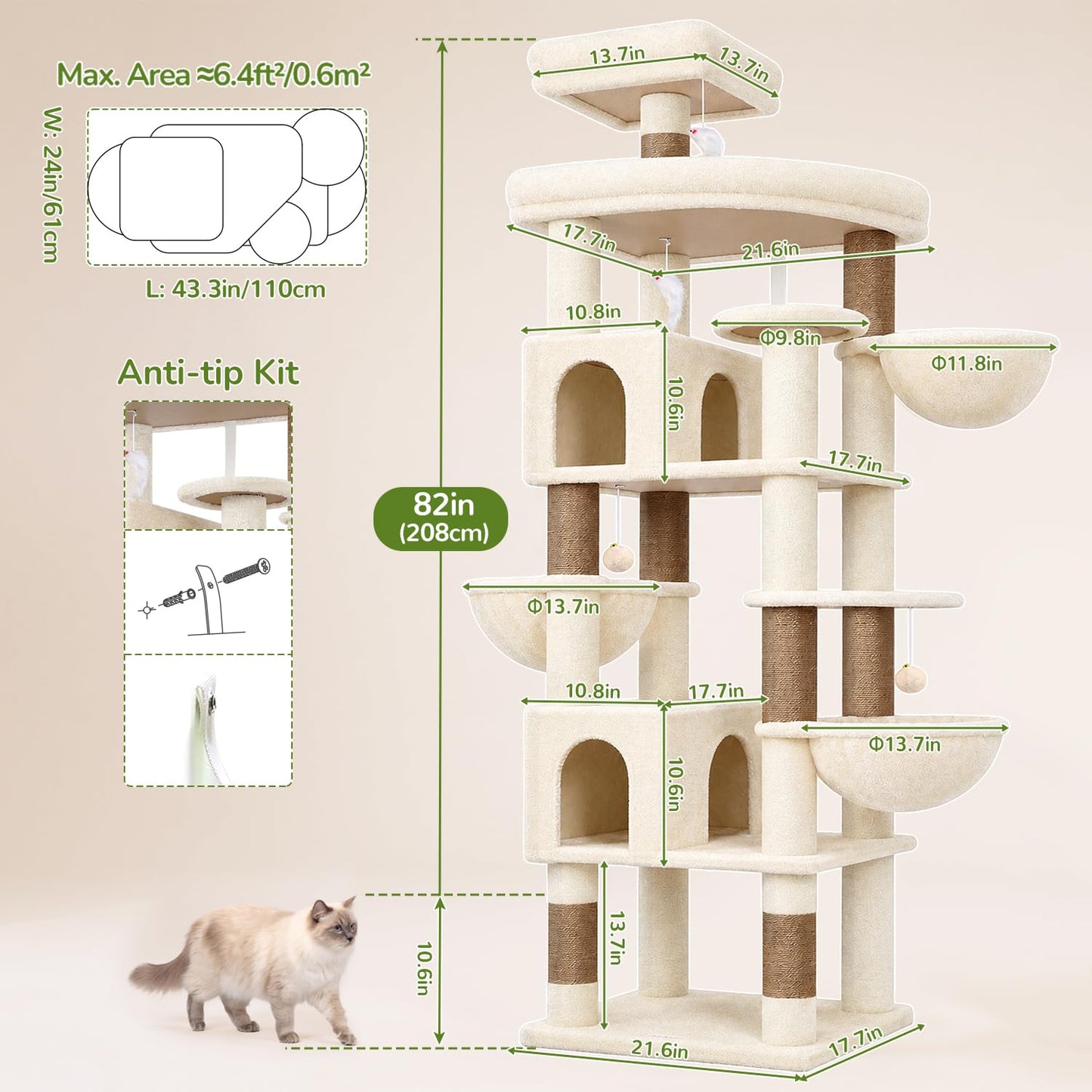82-Inch Heavy-Duty Cat Tree with Condos, Perches & Baskets