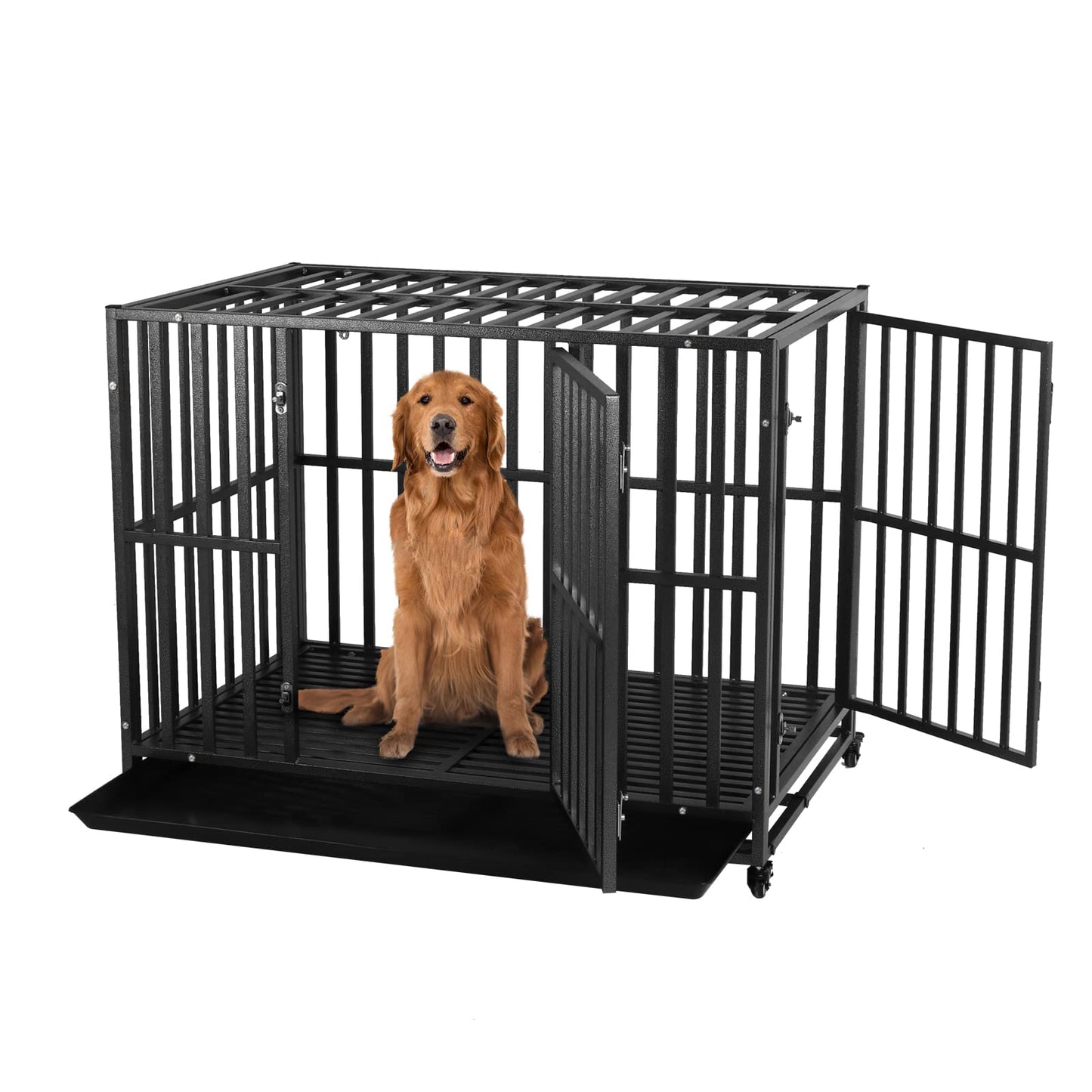 Heavy-Duty Metal Dog Crate with Lockable Wheels and Tray