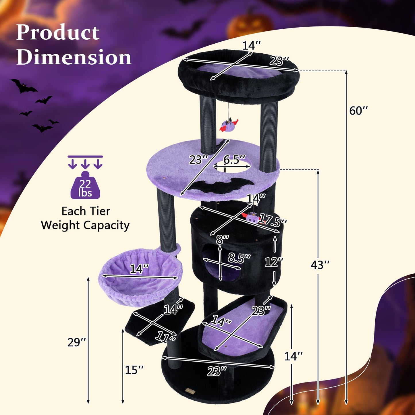 60-Inch Gothic Cat Tree with Condo, Beds & Scratching Posts