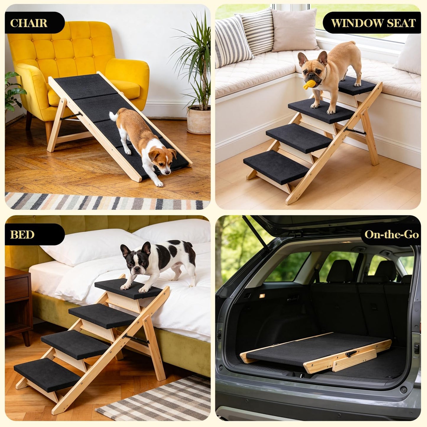 Foldable Wooden Pet Stairs & Ramp with Carpeted Steps