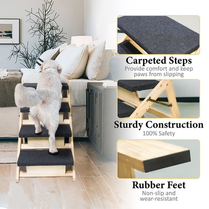 Foldable Wooden Pet Stairs & Ramp with Carpeted Steps
