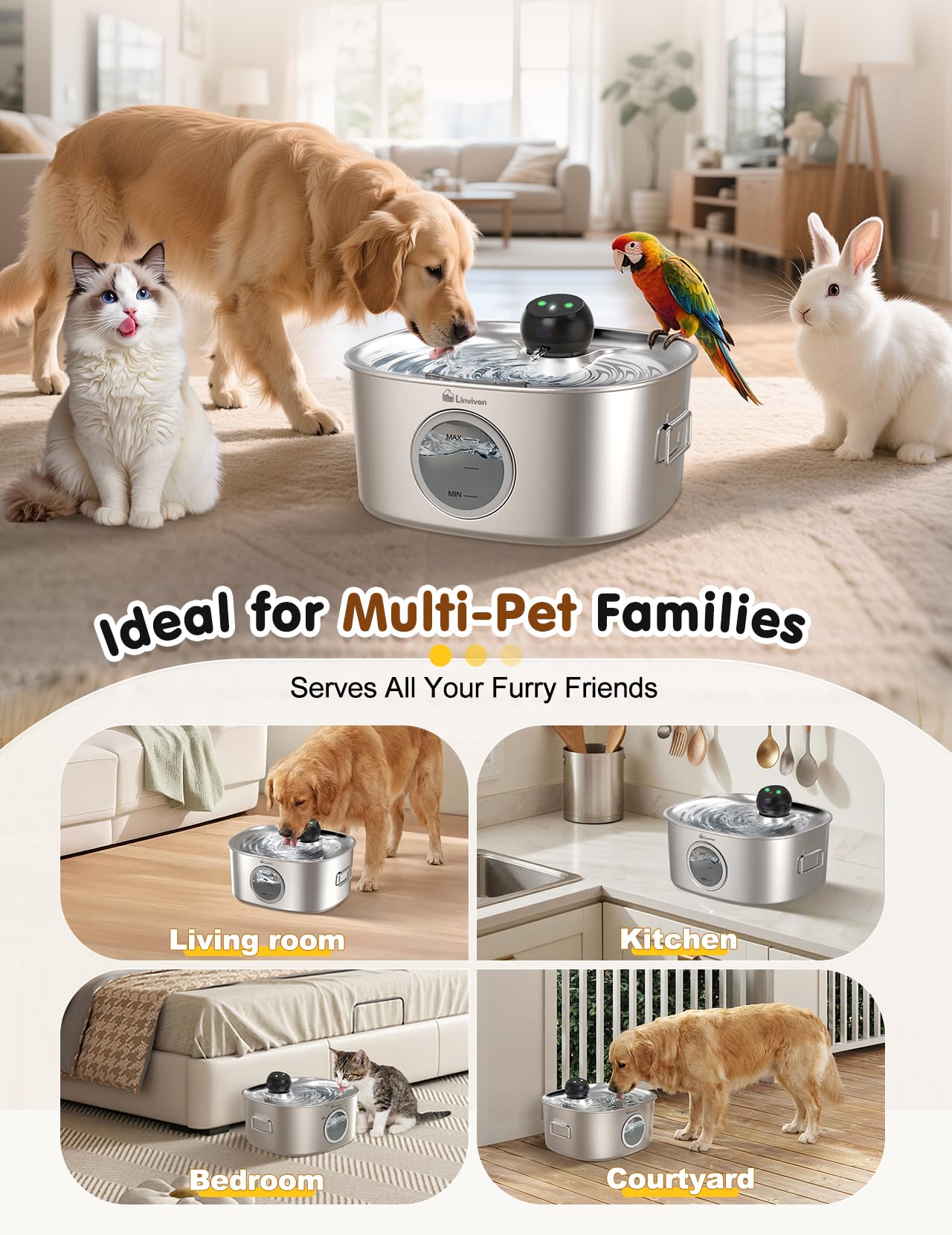 Linvivon Stainless Steel Dog & Cat Water Fountain for Large Dogs and Cats