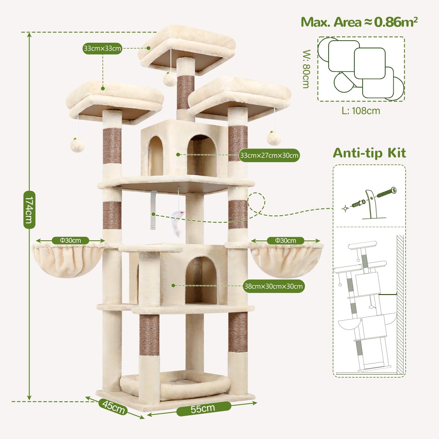 80-Inch XXL Cat Tower with Condos, Hammock & Multiple Perches
