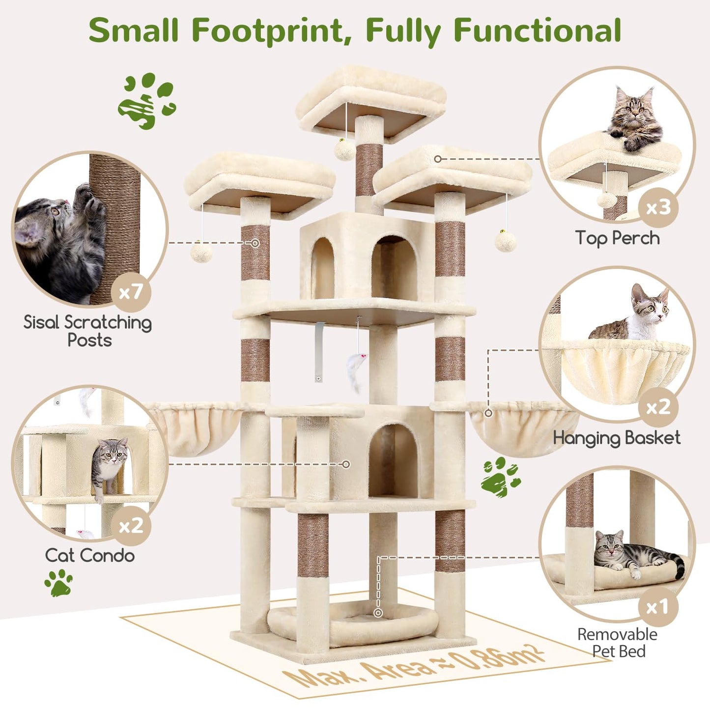 80-Inch XXL Cat Tower with Condos, Hammock & Multiple Perches