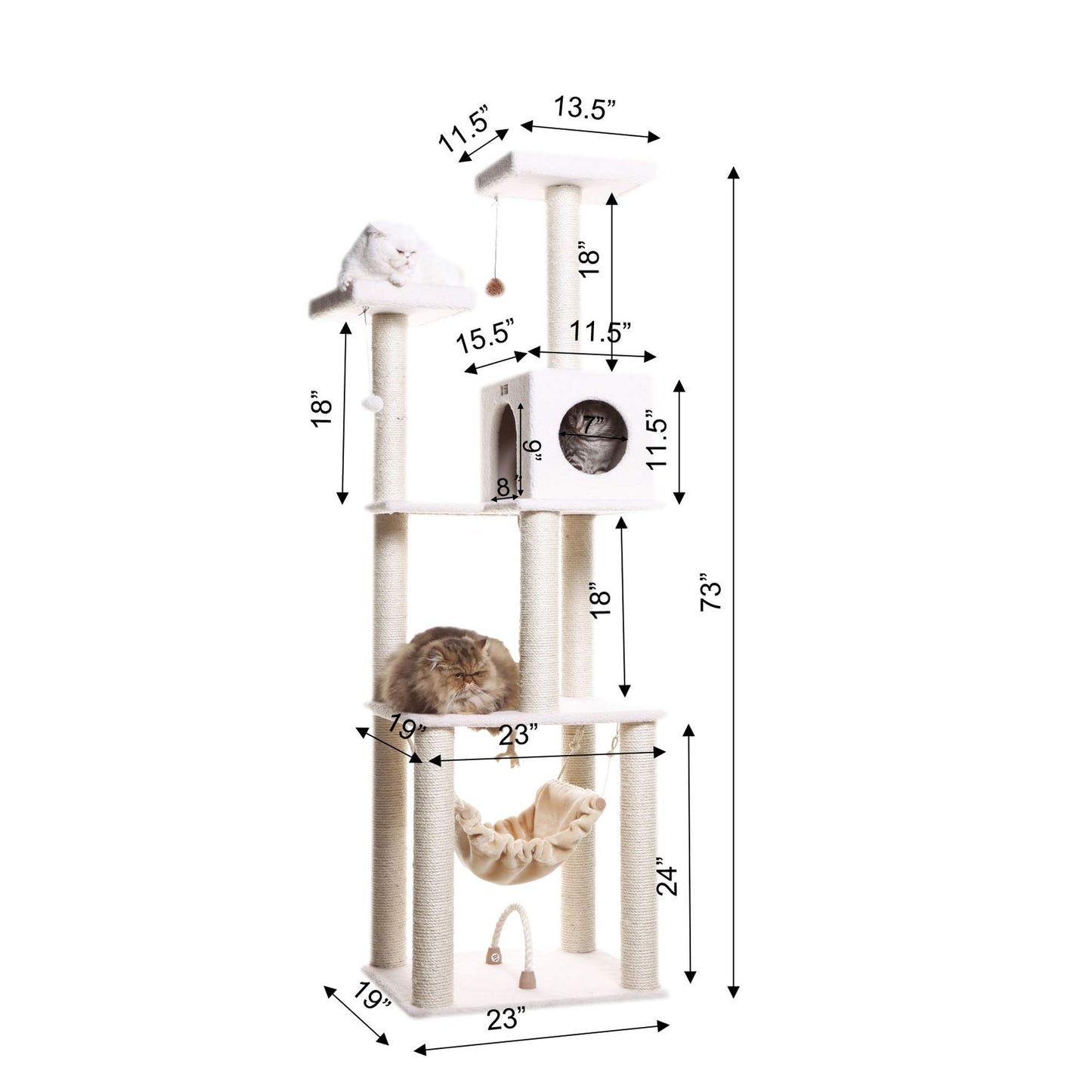 73-Inch Real Wood Cat Tree with Hammock, Condo & Perch