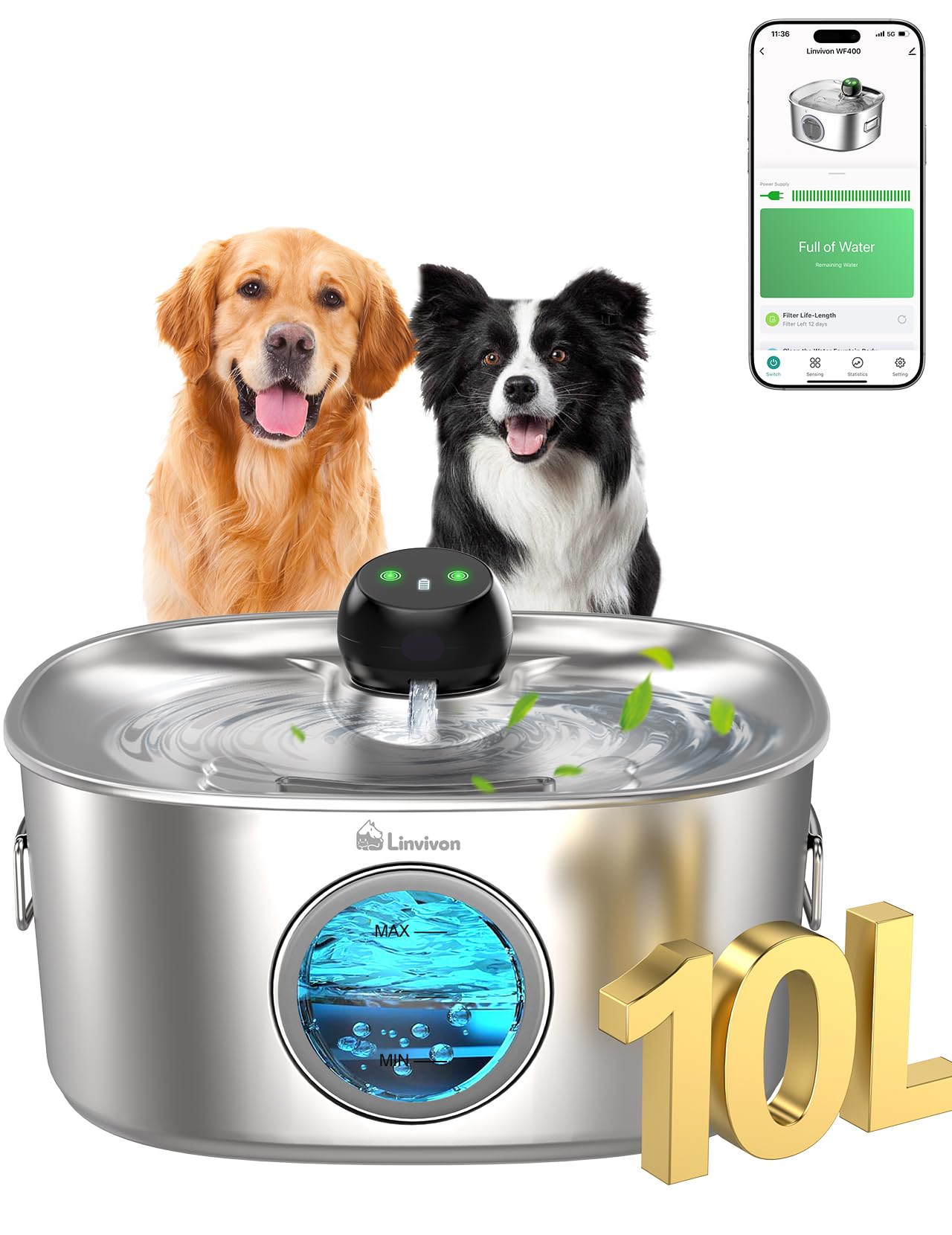 Linvivon Stainless Steel Dog & Cat Water Fountain for Large Dogs and Cats