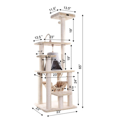 65-Inch Real Wood Cat Tree with Multi-Level Condo