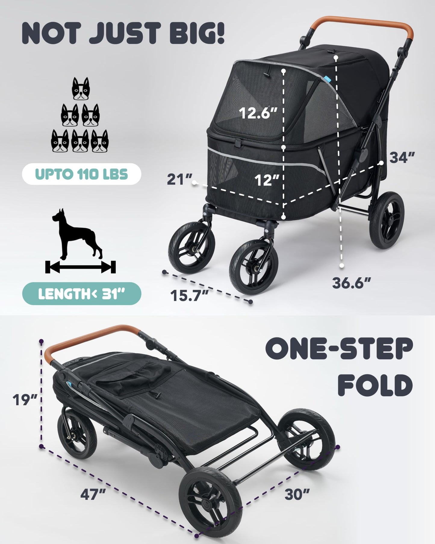 Zoosky Pet Stroller for Large Dogs up to 110lbs, Large Pet Stroller