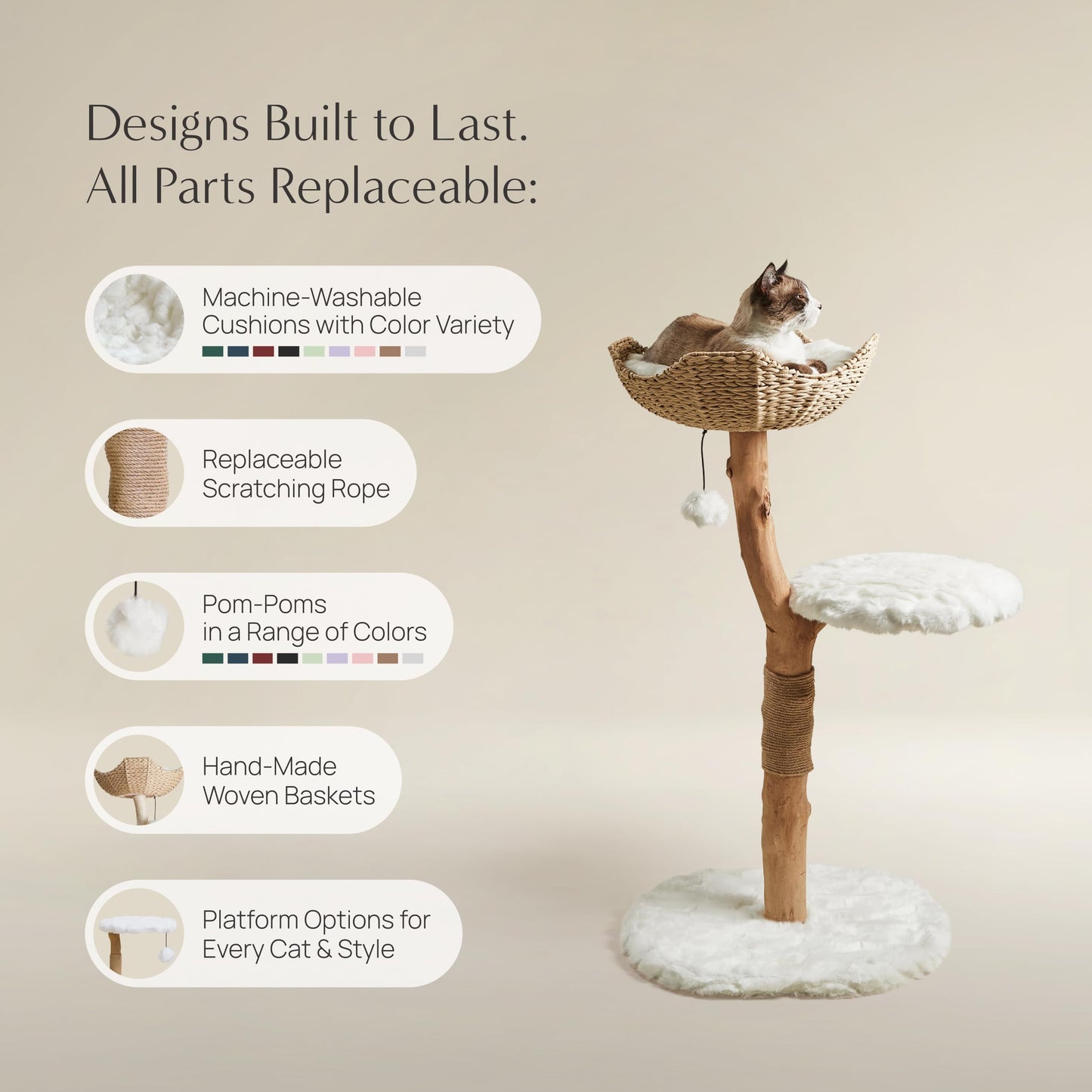 Modern Real Wood Cat Tree Tower with Condo and Climbing Branch