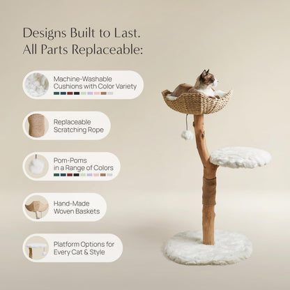 Modern Real Wood Cat Tree Tower with Condo and Climbing Branch