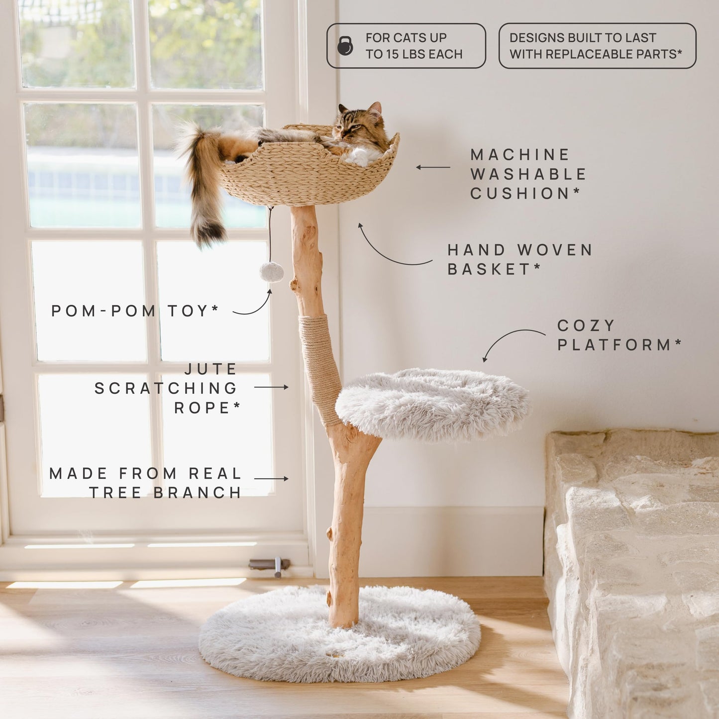 Modern Real Wood Cat Tree Tower with Condo and Climbing Branch