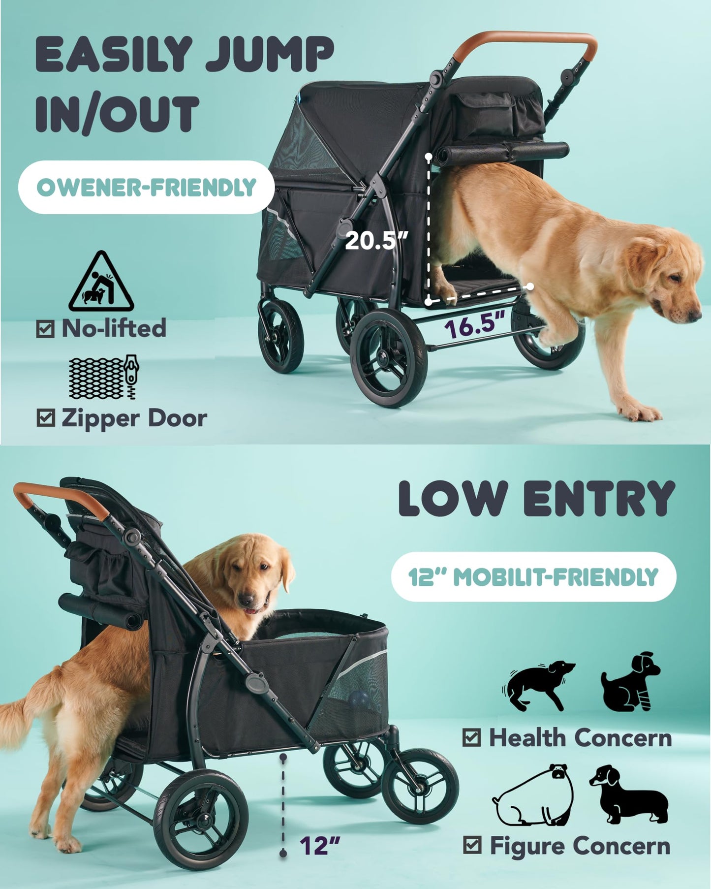 Zoosky Pet Stroller for Large Dogs up to 110lbs, Large Pet Stroller