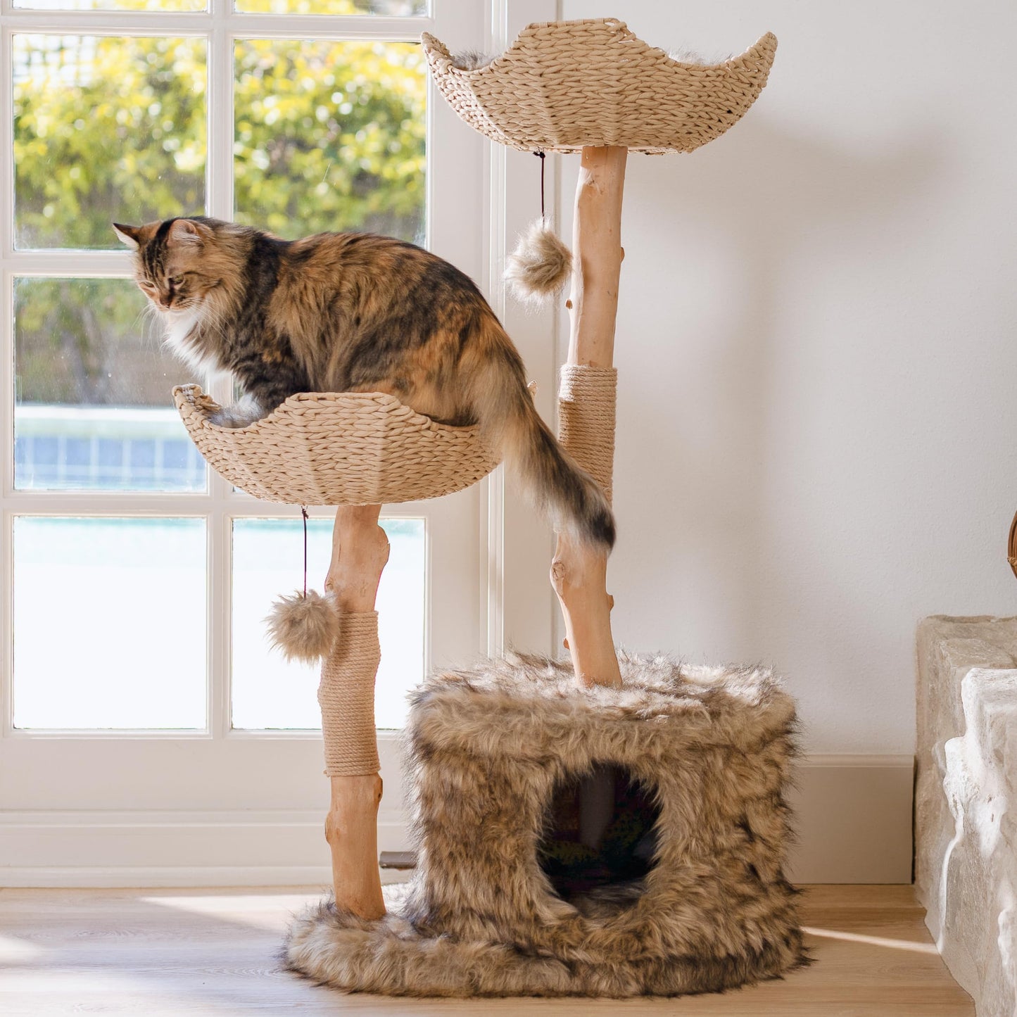 Luxury Real Wood Cat Tree Tower for Large Cats with Condo