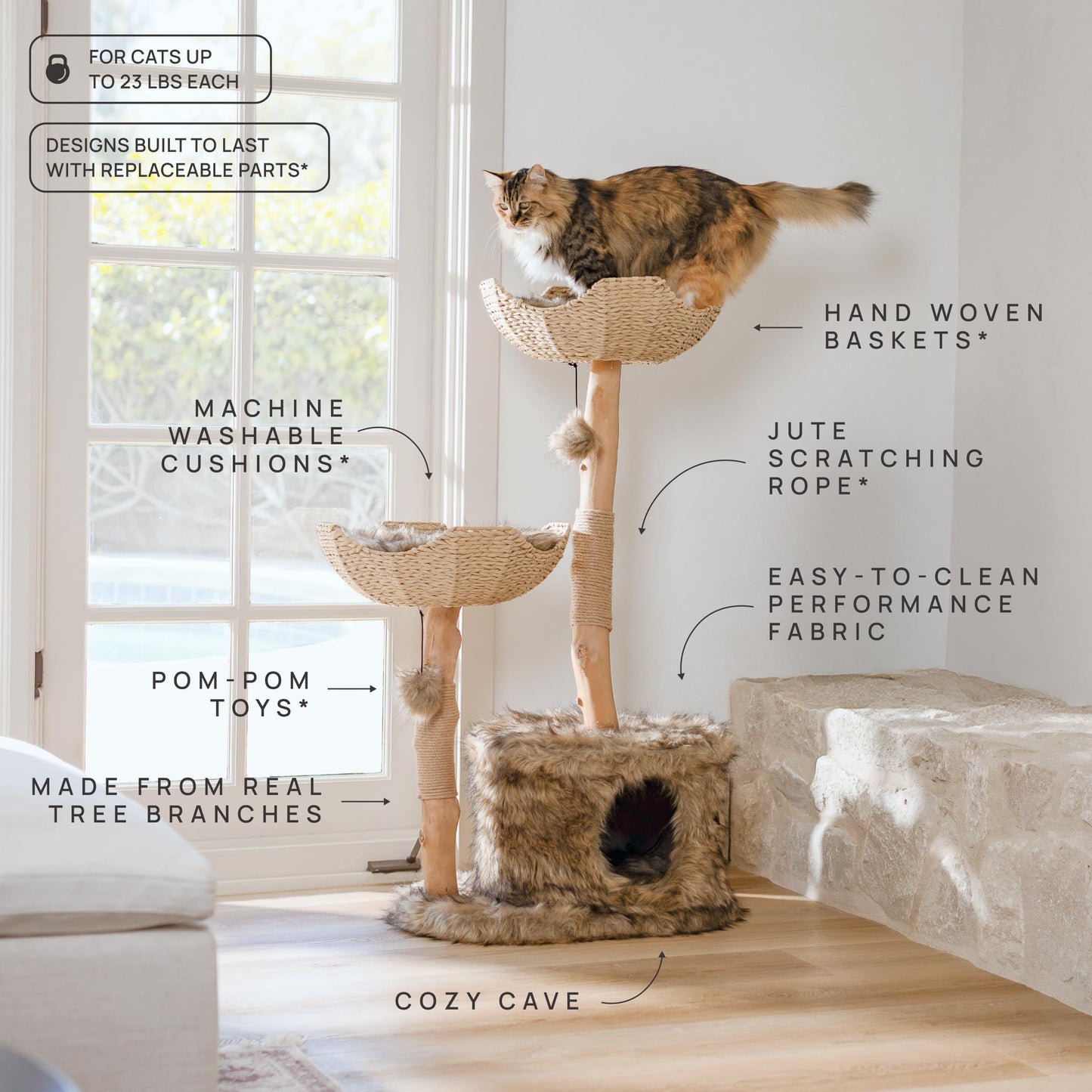 Luxury Real Wood Cat Tree Tower for Large Cats with Condo