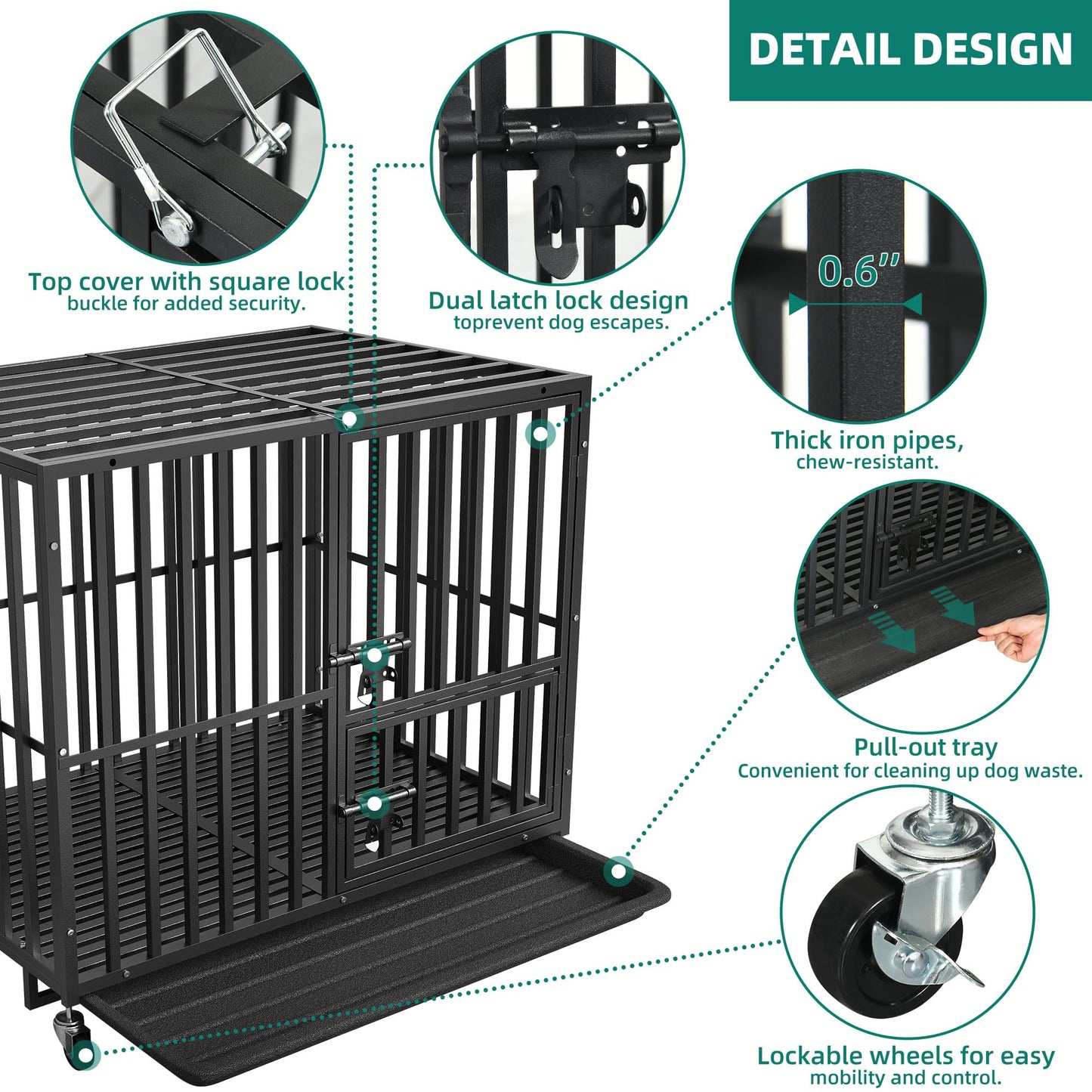 Heavy-Duty Escape-Proof Dog Crate with Wheels and Three Doors