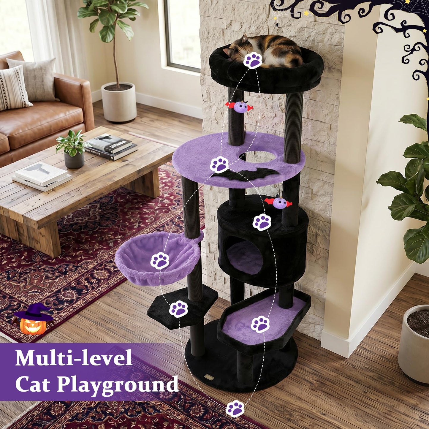 60-Inch Gothic Cat Tree with Condo, Beds & Scratching Posts