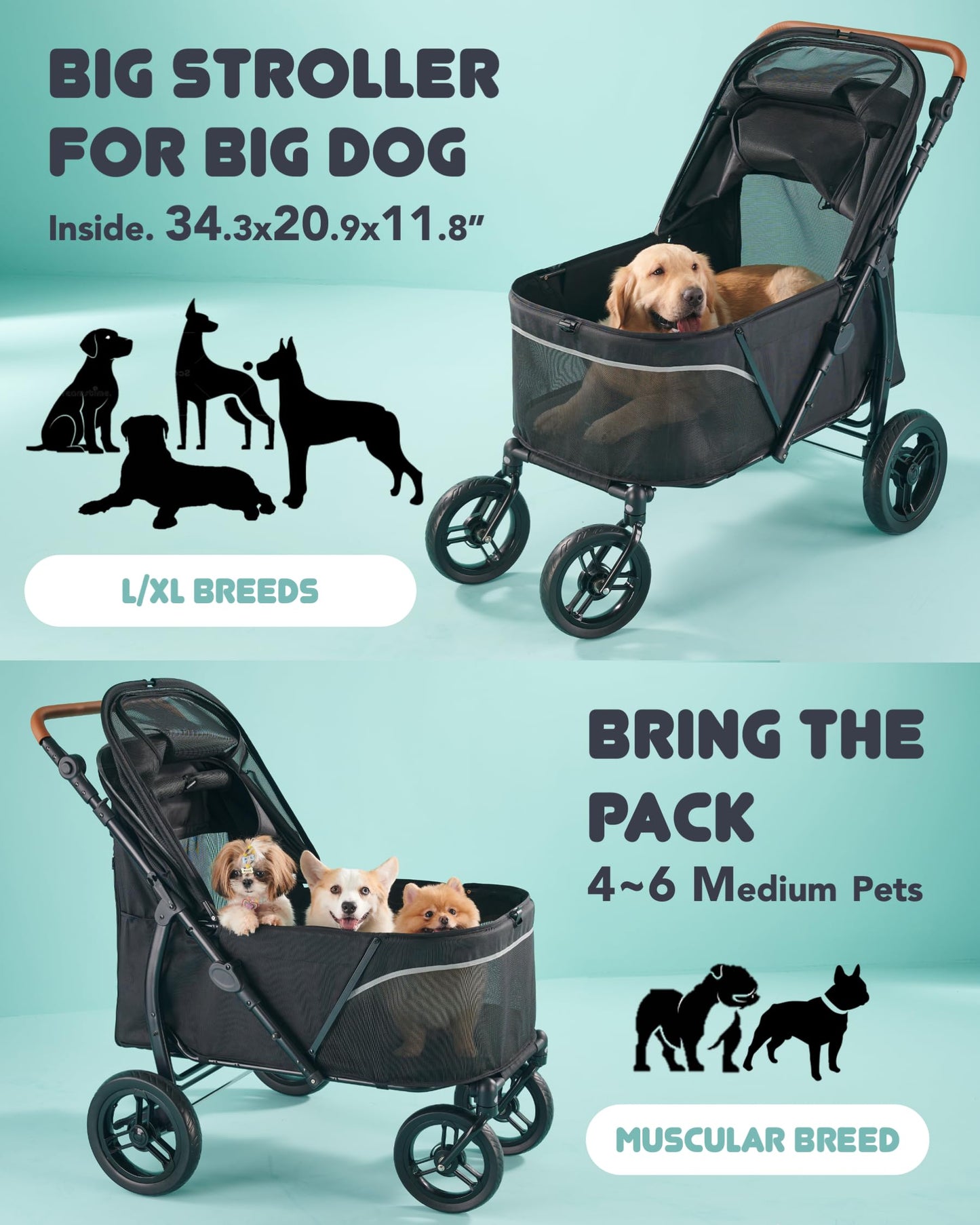 Zoosky Pet Stroller for Large Dogs up to 110lbs, Large Pet Stroller