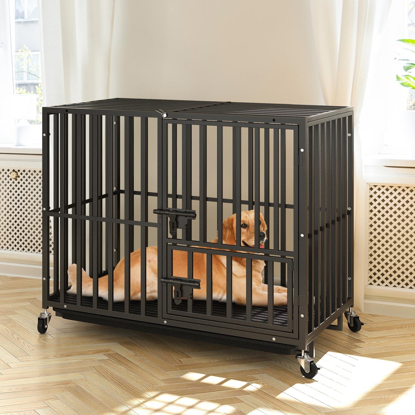 Heavy-Duty Escape-Proof Dog Crate with Wheels and Three Doors