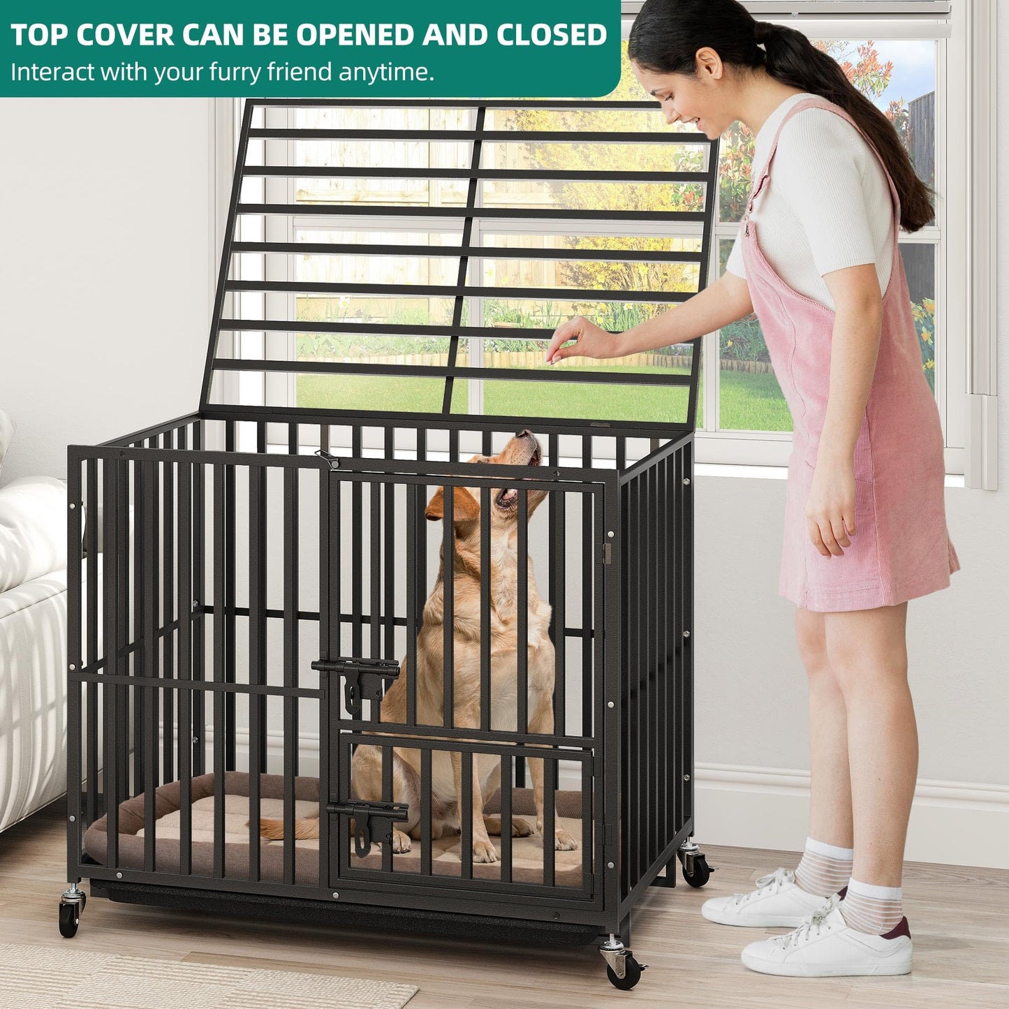 Heavy-Duty Escape-Proof Dog Crate with Wheels and Three Doors