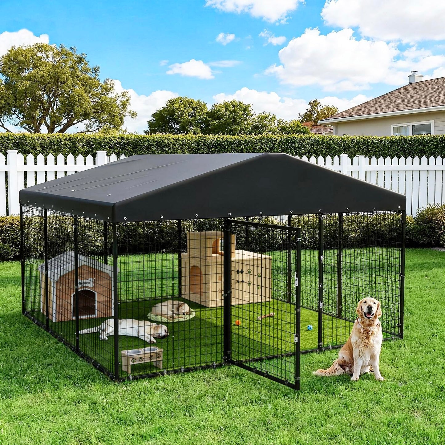 118-Inch Heavy-Duty Outdoor Dog Kennel with Weatherproof Roof