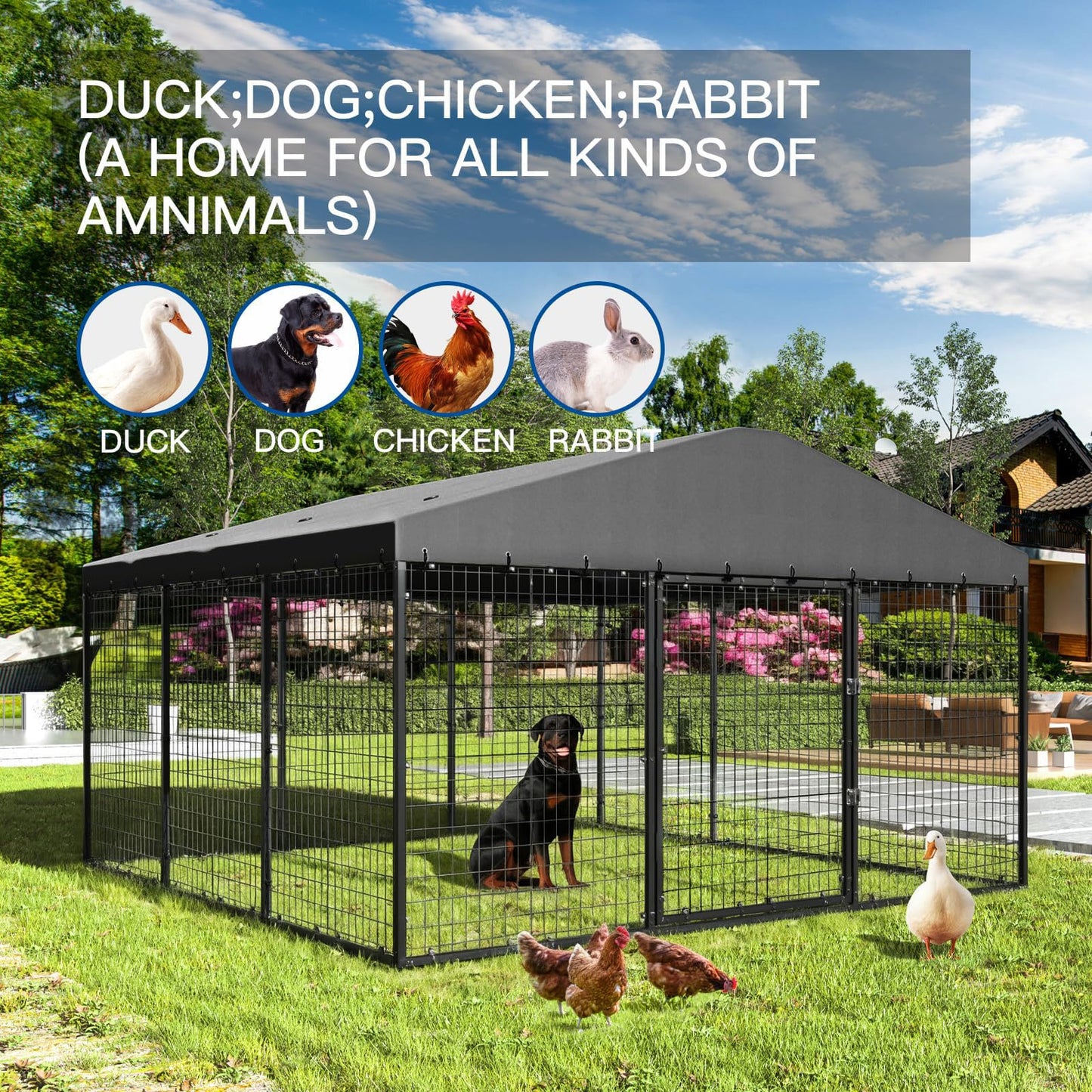 118-Inch Heavy-Duty Outdoor Dog Kennel with Weatherproof Roof